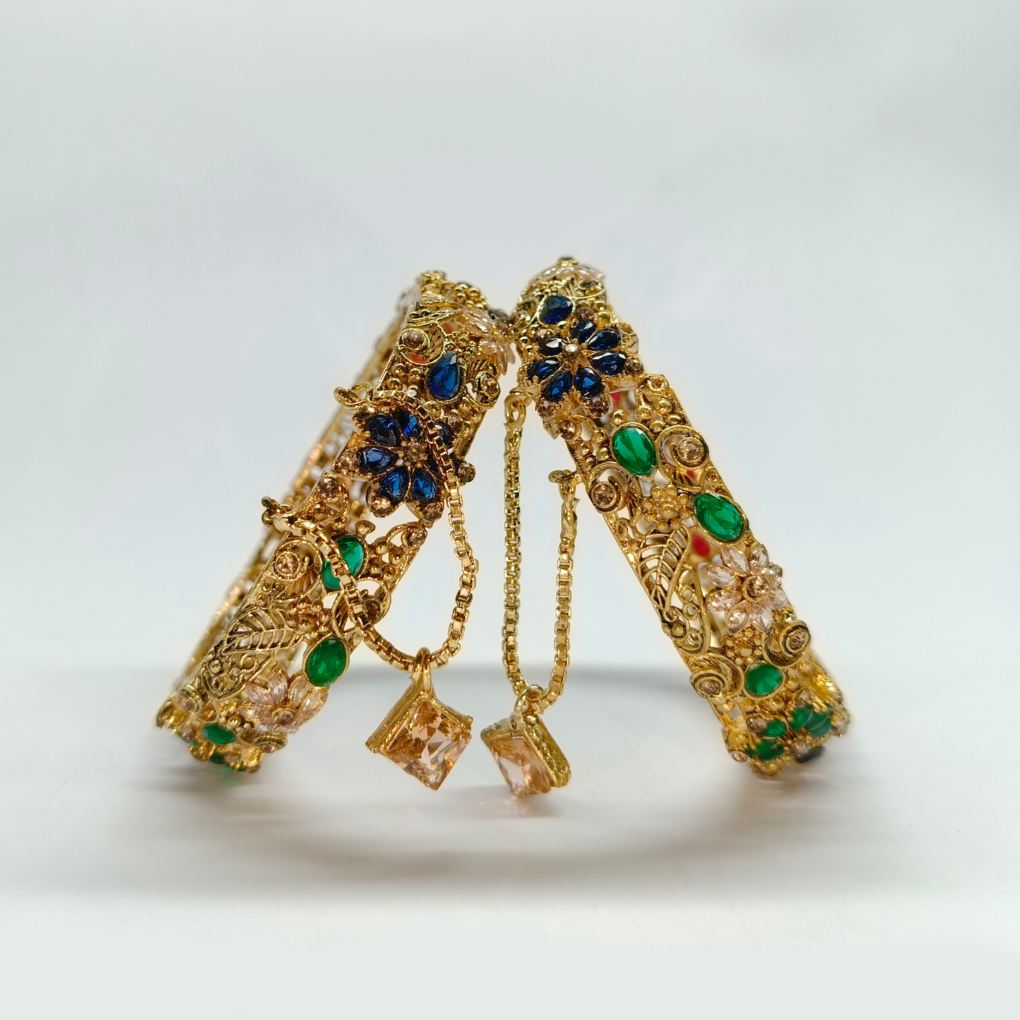 Turkish-Inspired Antique Gold Filigree Bangles with Sapphire & Emerald Accents