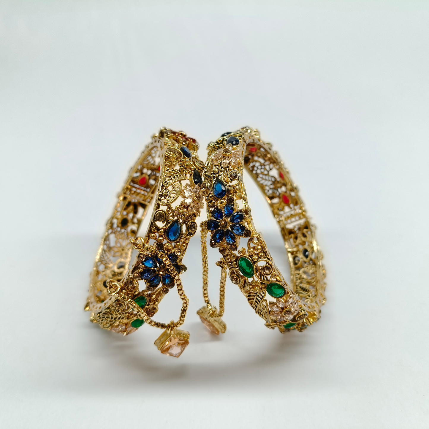 Turkish-Inspired Antique Gold Filigree Bangles with Sapphire & Emerald Accents