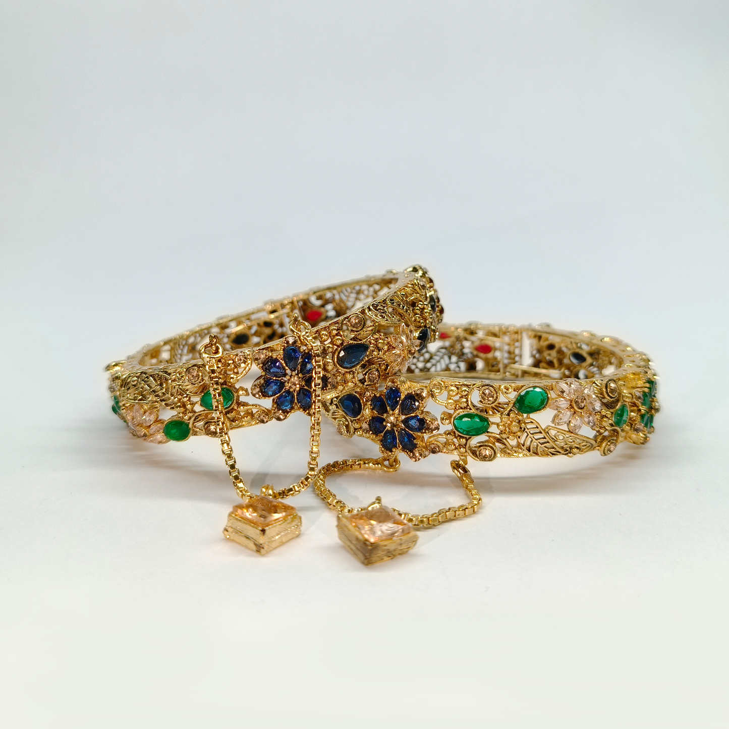 Turkish-Inspired Antique Gold Filigree Bangles with Sapphire & Emerald Accents