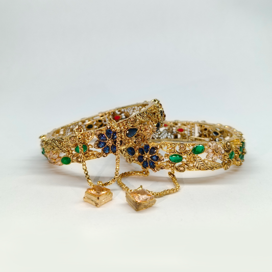 Turkish-Inspired Antique Gold Filigree Bangles with Sapphire & Emerald Accents