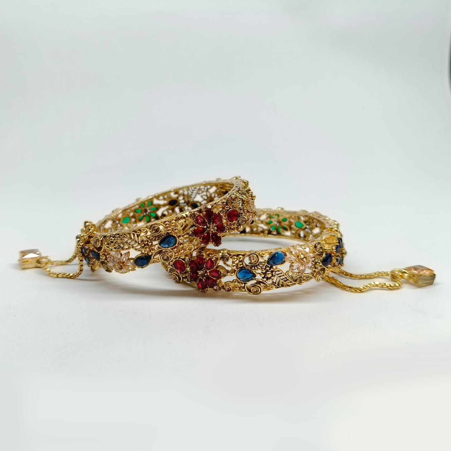 Turkish-Inspired Antique Gold Filigree Bangles with Sapphire & Emerald Accents