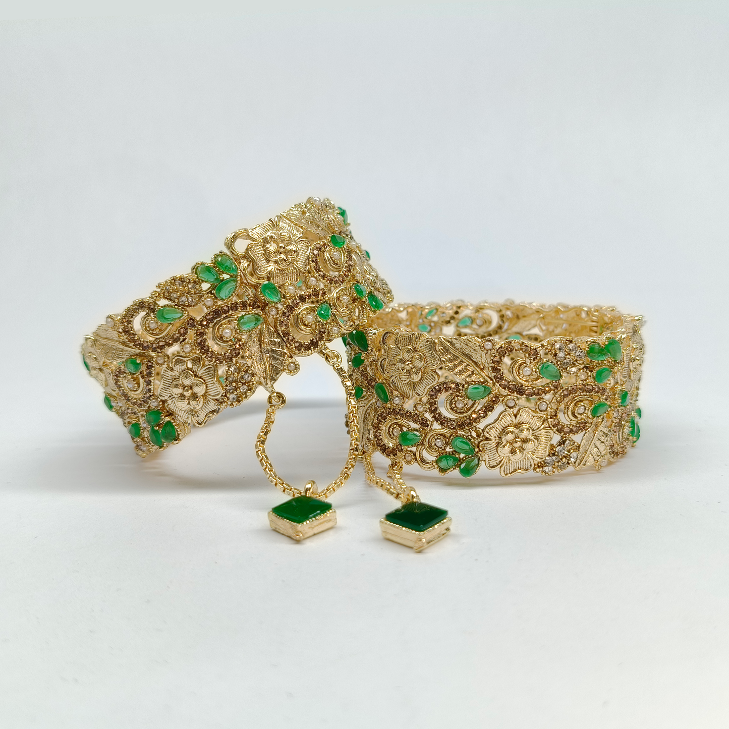 Royal Turkish Antique Gold Filigree Kada Set with Emerald Accents & Crystal Charms