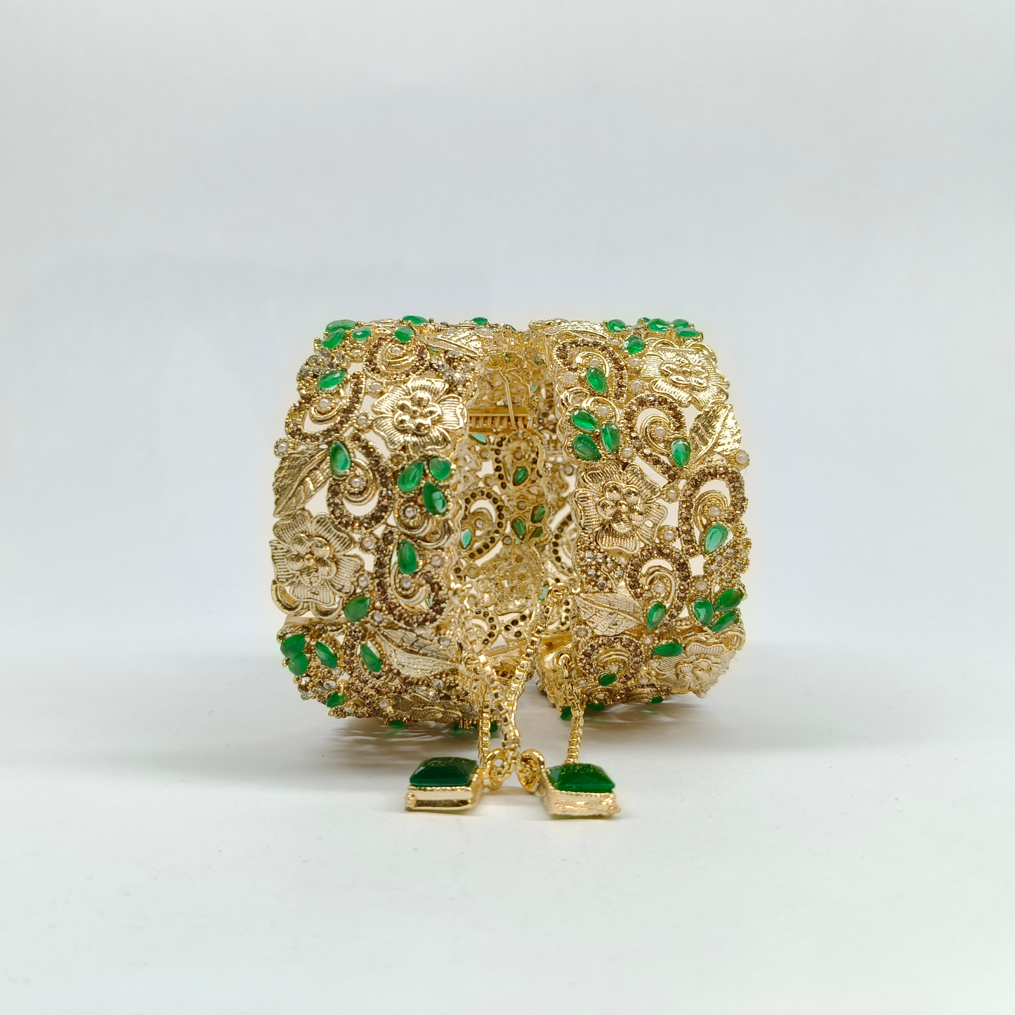 Royal Turkish Antique Gold Filigree Kada Set with Emerald Accents & Crystal Charms