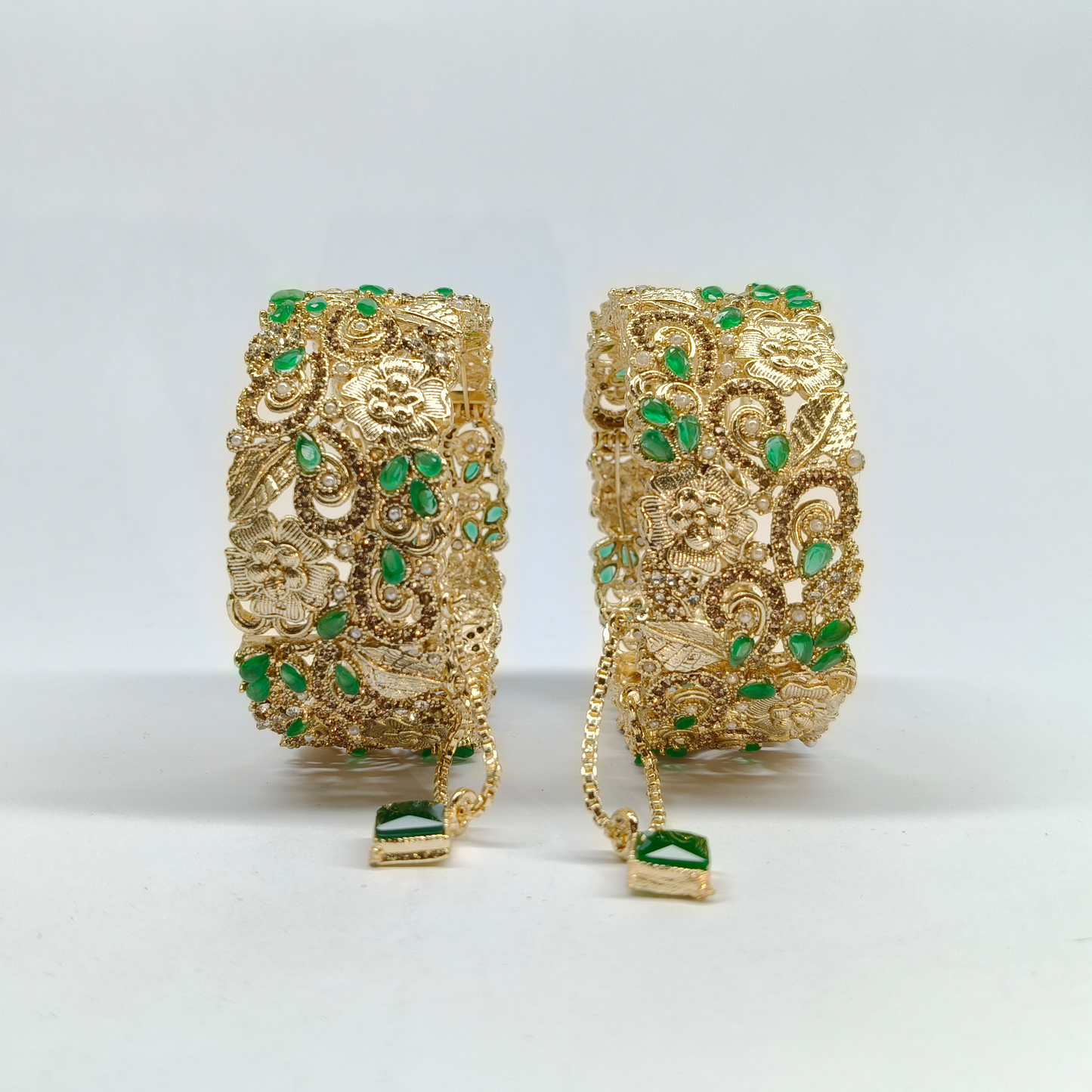 Royal Turkish Antique Gold Filigree Kada Set with Emerald Accents & Crystal Charms