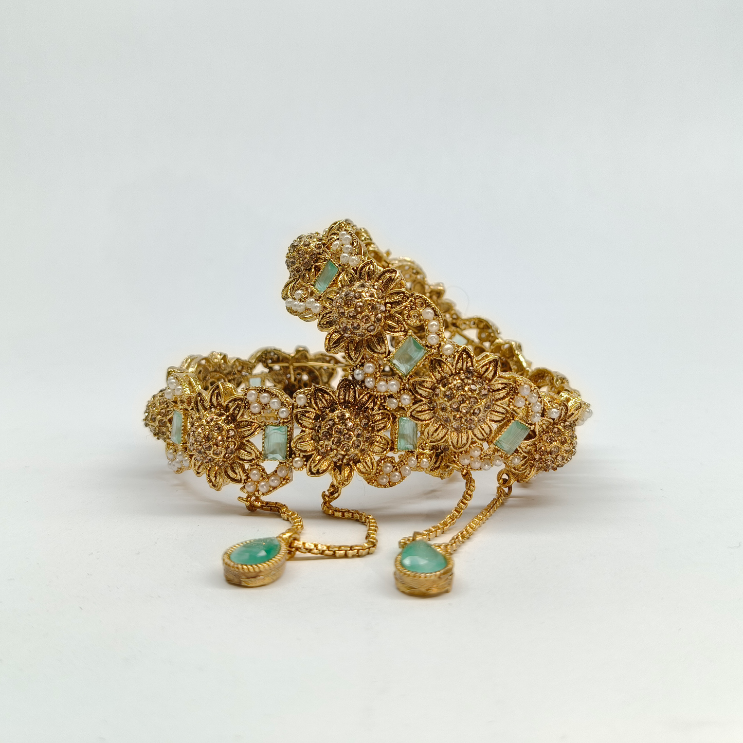 Vintage-Inspired Antique Gold Floral Bangle Set with Mint Stones & Pearls