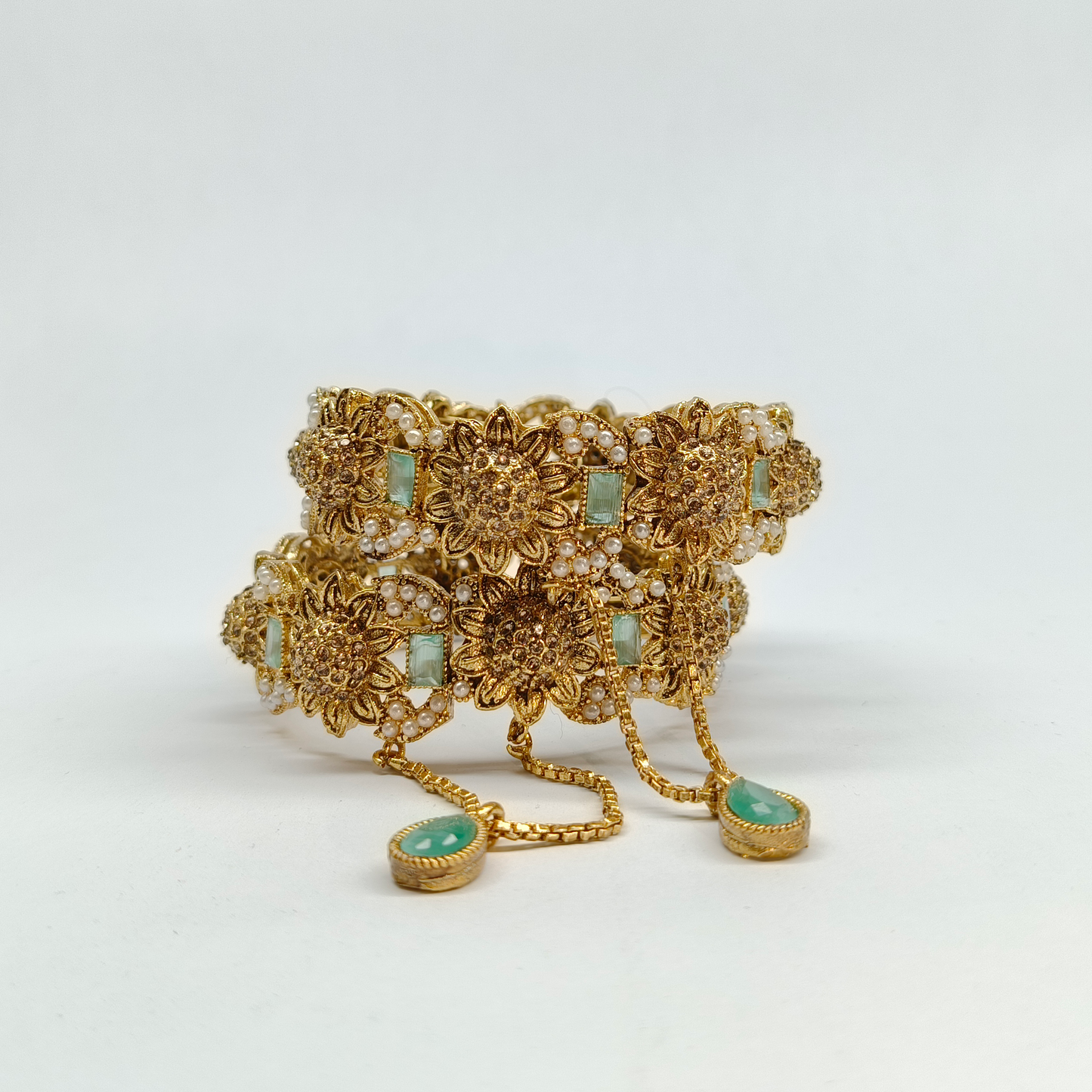 Vintage-Inspired Antique Gold Floral Bangle Set with Mint Stones & Pearls
