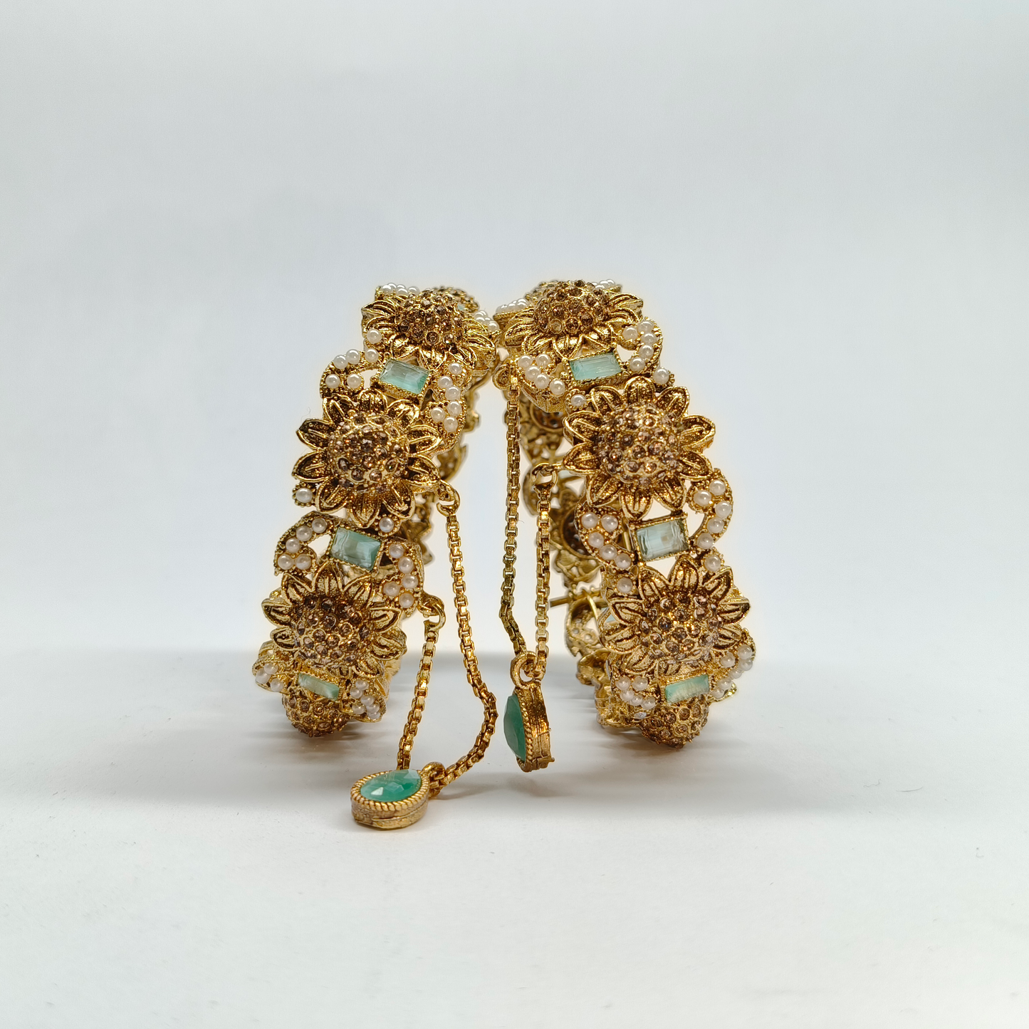 Vintage-Inspired Antique Gold Floral Bangle Set with Mint Stones & Pearls