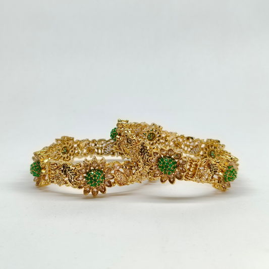 Antique Gold Floral Bangle Set with Emerald-Green Stones & Crystals
