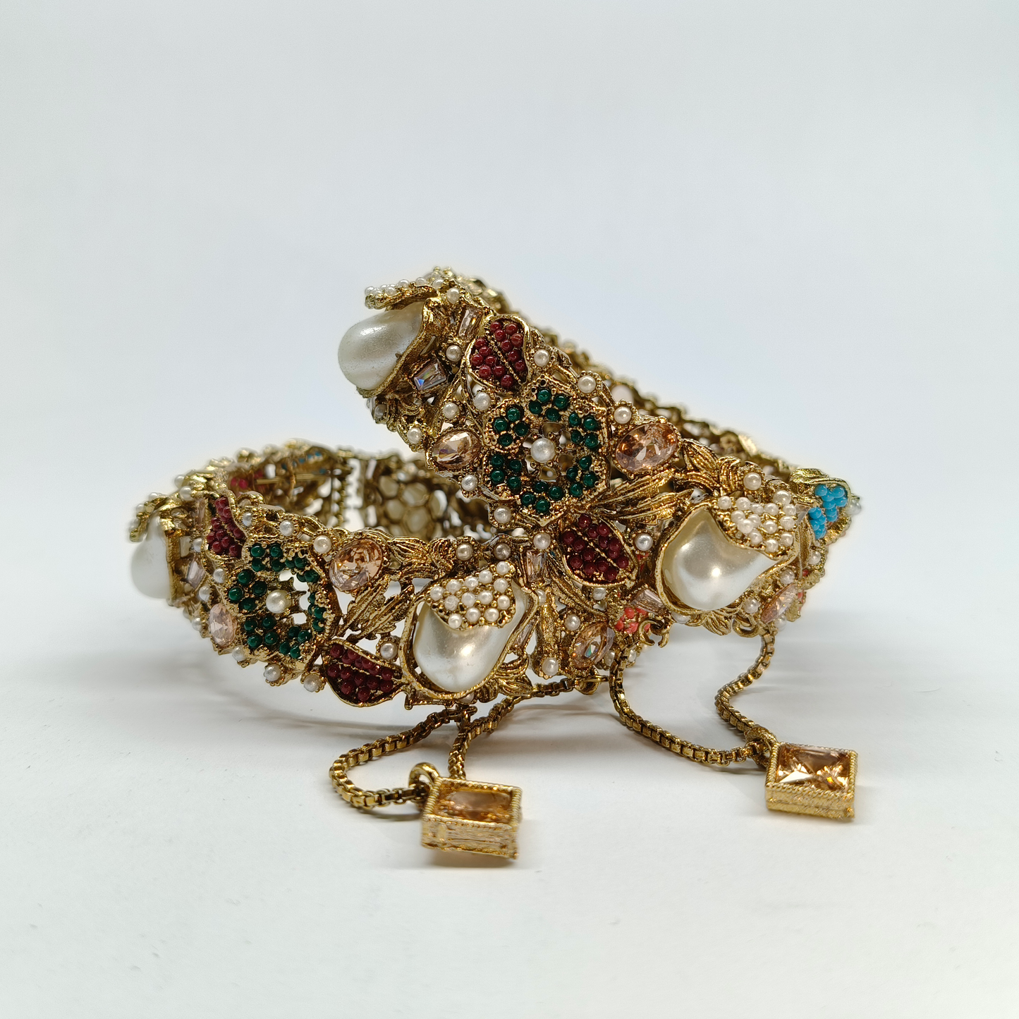Royal Turkish Antique Gold Bangle Set with Multi-Color Stones & Pearls
