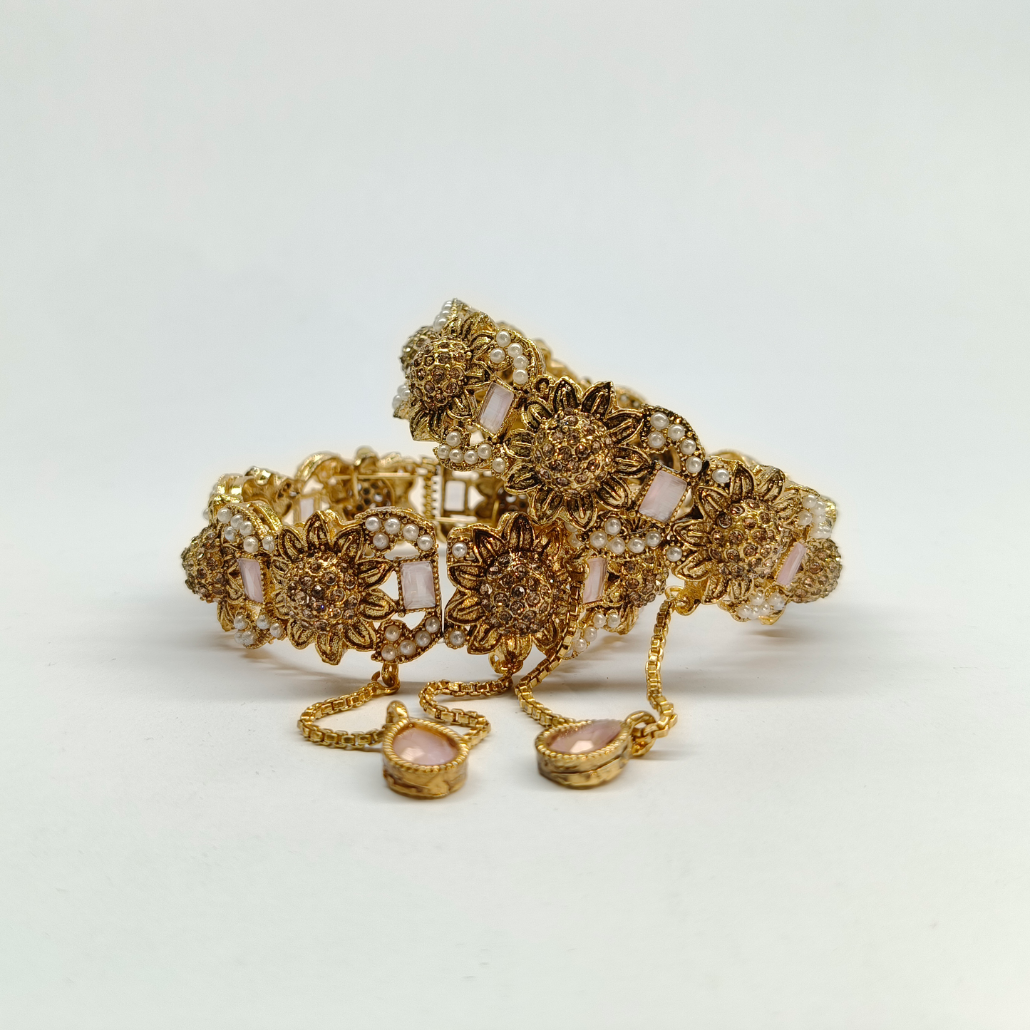 Vintage-Inspired Antique Gold Floral Bangle Set with Blush Stones & Pearls