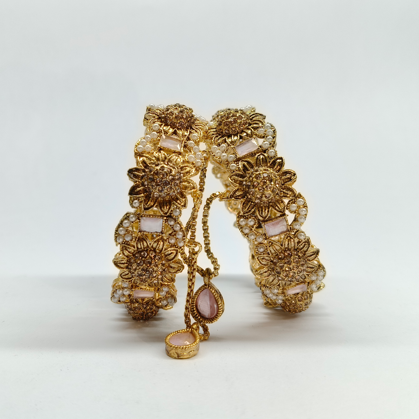 Vintage-Inspired Antique Gold Floral Bangle Set with Blush Stones & Pearls