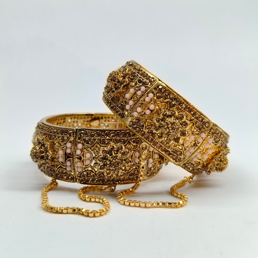 Ornate Antique Gold Filigree Kada Bangle Set with Champagne Crystals & Blush Accents
