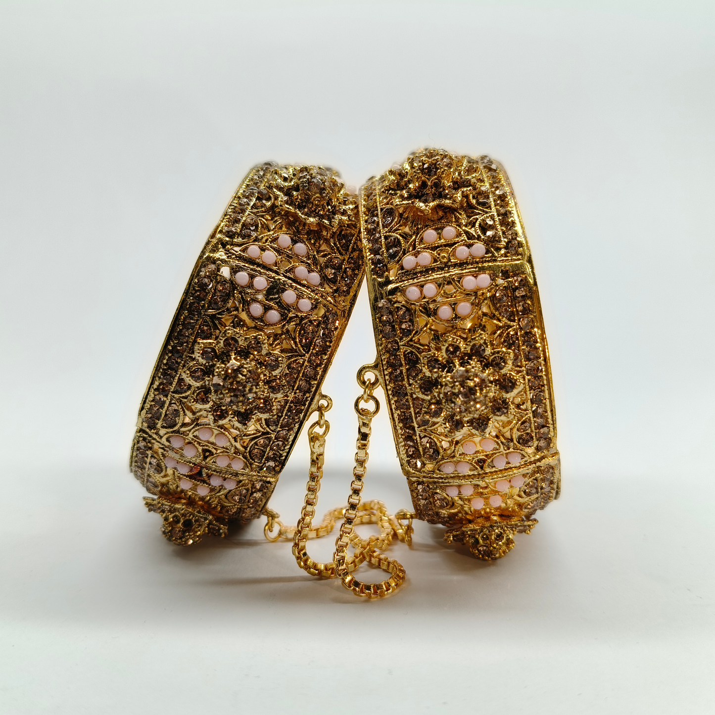 Ornate Antique Gold Filigree Kada Bangle Set with Champagne Crystals & Blush Accents